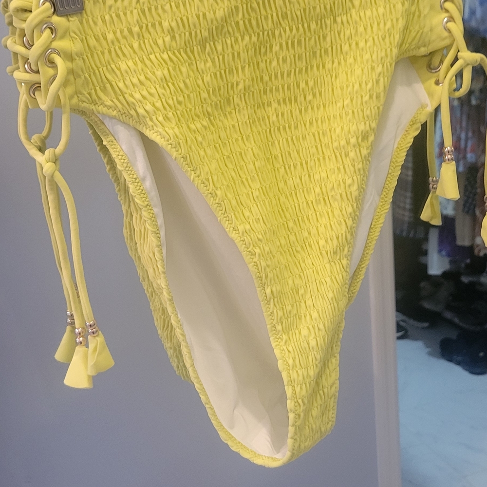 Victoria's Secret Neon Yellow Ruched Bikini Bottom with Tassels And Matching Top